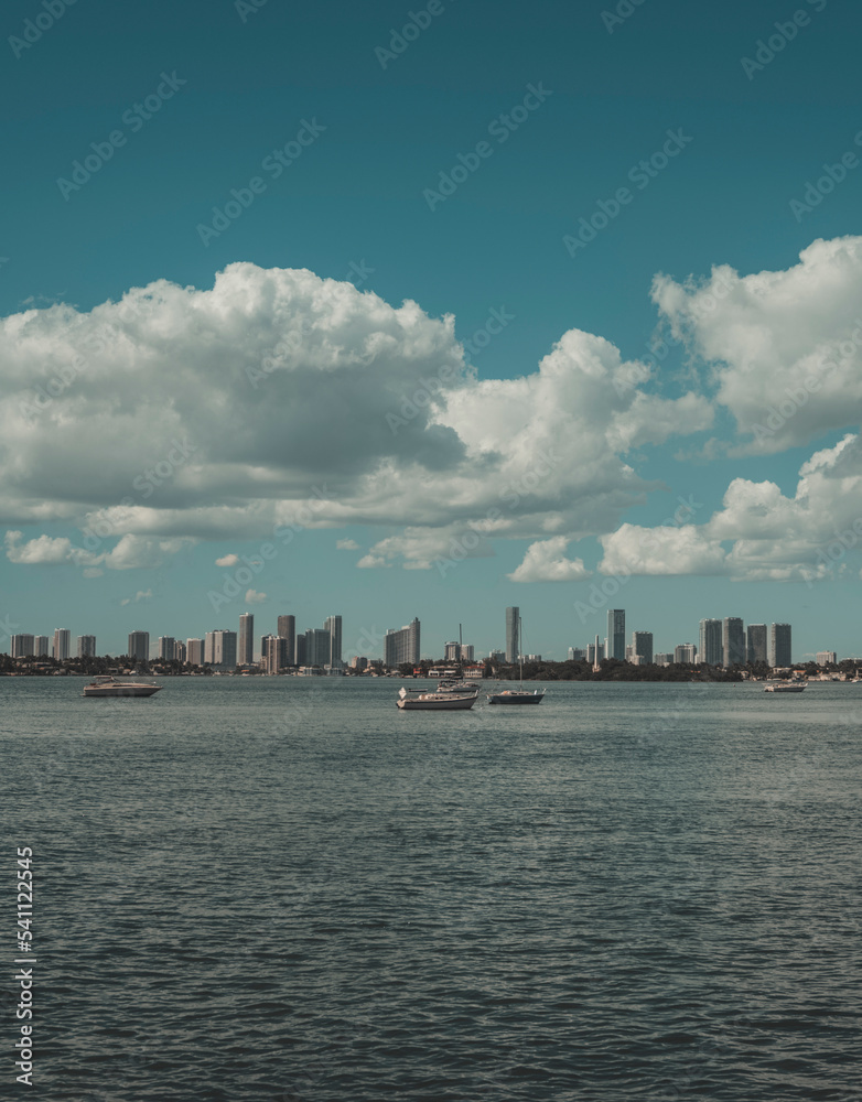 city skyline panorama miami usa florida sky clouds boats buildings beautiful day 
