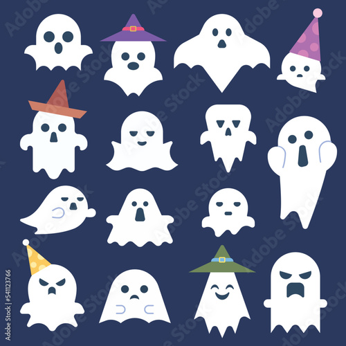 Set of cute ghost with scary funny faces for halloween theme on dark blue background. Holidays character flat vector cartoon illustration.