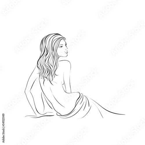 Beautiful woman sitting in a blanket, single line on a white background, isolated vector illustration. Tattoo, print and logo design for a spa or beauty salon. Line art.