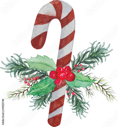 Christmas candy with green and red leaves and red berry over white background - Christmas celebration decoration object concept