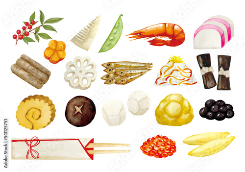 水彩で描いたおせち料理のイラスト