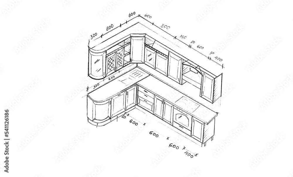 Sketch, drawing of furniture for the kitchen with dimensions