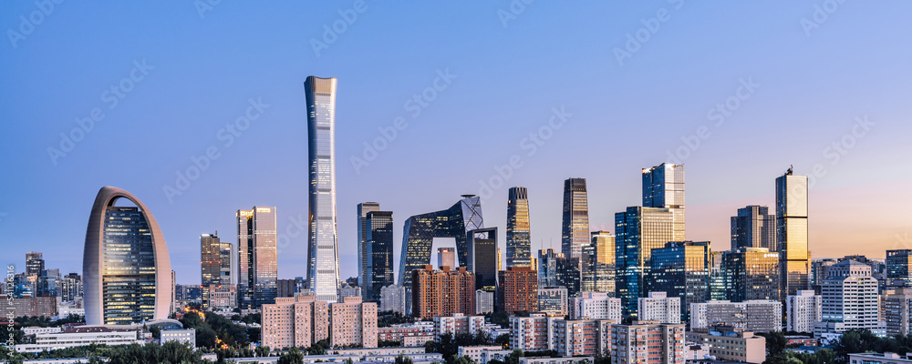 Night view of CBD buildings in Beijing city skyline, China - obrazy, fototapety, plakaty 