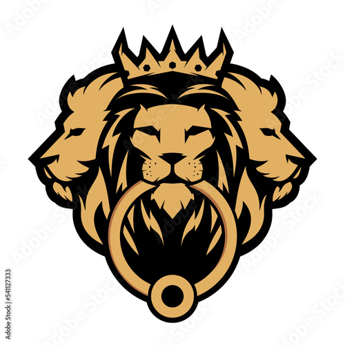 3 lion head emblem logo with lion facing forward biting the door knock