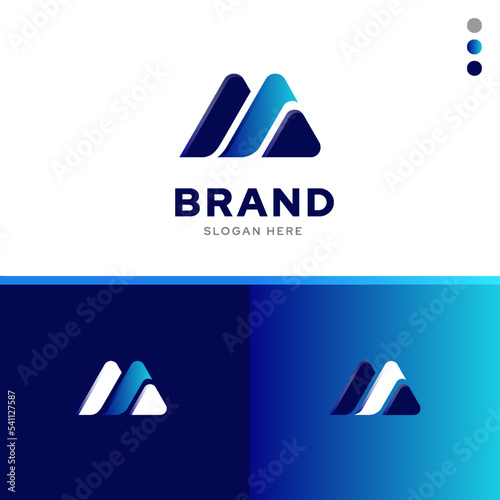 Initial letter M technology digital creative concept logo design idea template vector with blue tricolor combination