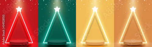 Set of stage podium with triangle neon light and star. Pedestal design for product display on Christmas day. Vector illustration.