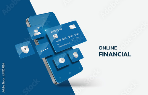 Various icons related to online financial transactions and credit cards are display and pop up on the smartphone screen