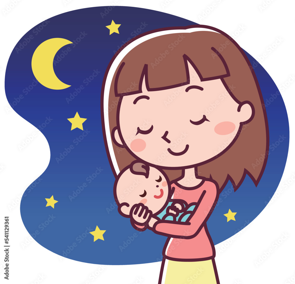 夜中にぐっすり眠る赤ちゃんと抱っこする母親 夜中にぐっすり眠る赤ちゃんと抱っこする母親