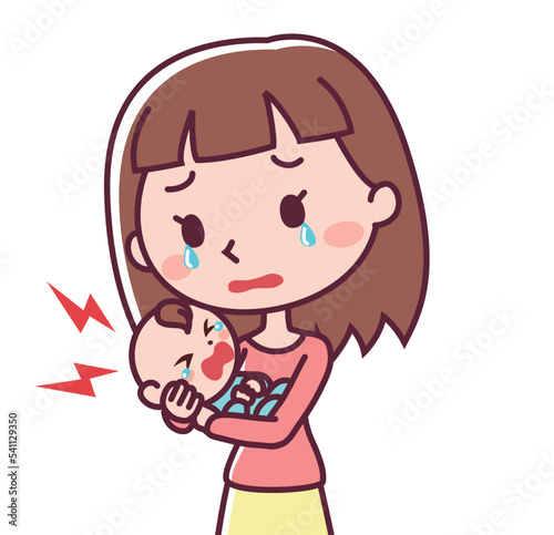 大泣きする赤ちゃんと涙を流す母親