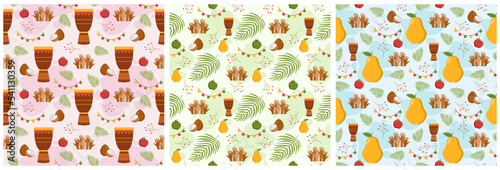 Set of Happy Kwanzaa Holiday African Seamless Pattern Design with Festival Style Element on Template Hand Drawn Cartoon Flat Illustration