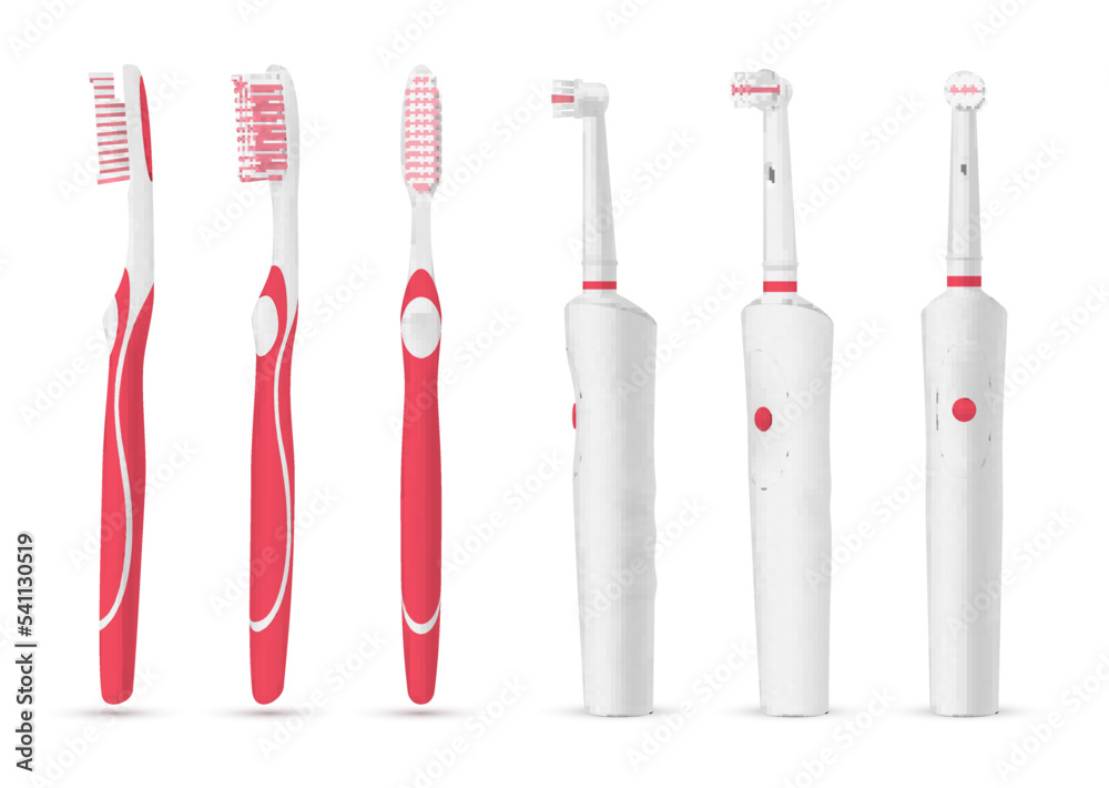Toothbrushes modern electrical and mechanical set realistic vector dental hygiene device