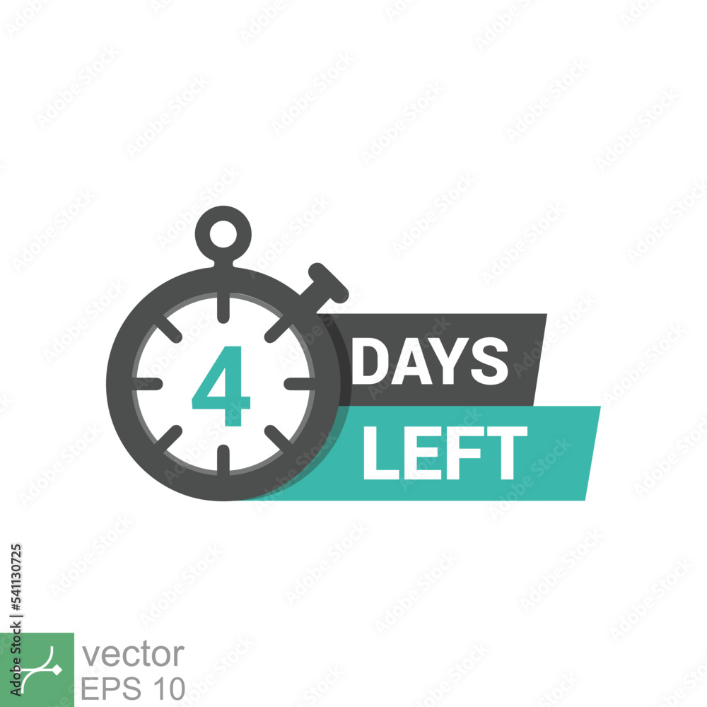 4 days left. Emblem with the number of days remaining. Simple flat style vector illustration isolated. Label, blue alarm clock with ribbon, promotion icon, best deal symbol. EPS 10. 4 days left. Emblem with the number of days remaining. Simple flat style vector illustration isolated. Label, blue alarm clock with ribbon, promotion icon, best deal symbol. EPS 10.