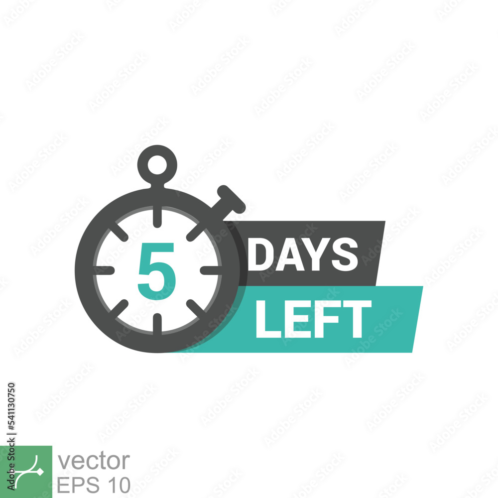 5 days left. Emblem with the number of days remaining. Simple flat style vector illustration isolated. Label, blue alarm clock with ribbon, promotion icon, best deal symbol. EPS 10. 5 days left. Emblem with the number of days remaining. Simple flat style vector illustration isolated. Label, blue alarm clock with ribbon, promotion icon, best deal symbol. EPS 10.