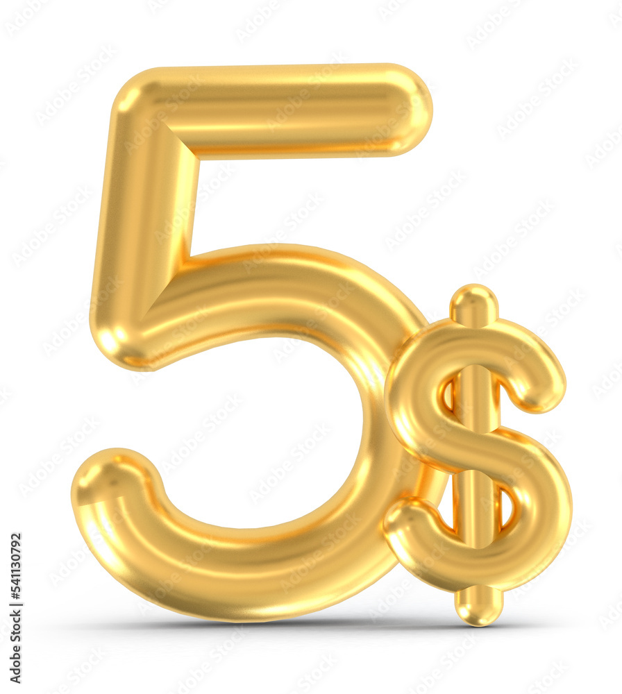 3d golden 5 dollar isolated on background. 3d illustration.