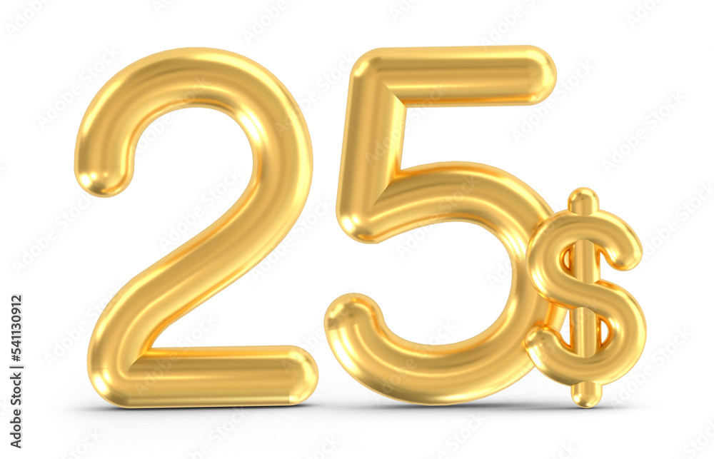 3d golden 25 dollar isolated on background. 3d illustration. 3d golden 25 dollar isolated on background. 3d illustration.