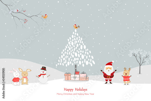 Merry Christmas and happy new year greeting card with Santa Claus and friends happy on winter © pakatip