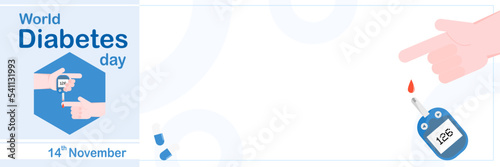 World diabetes day 14th november  poster banner design.right hand with testing blood glucose level results.clipboard and drugs on white background and Circle symbol of Diabetes day.vector illustration