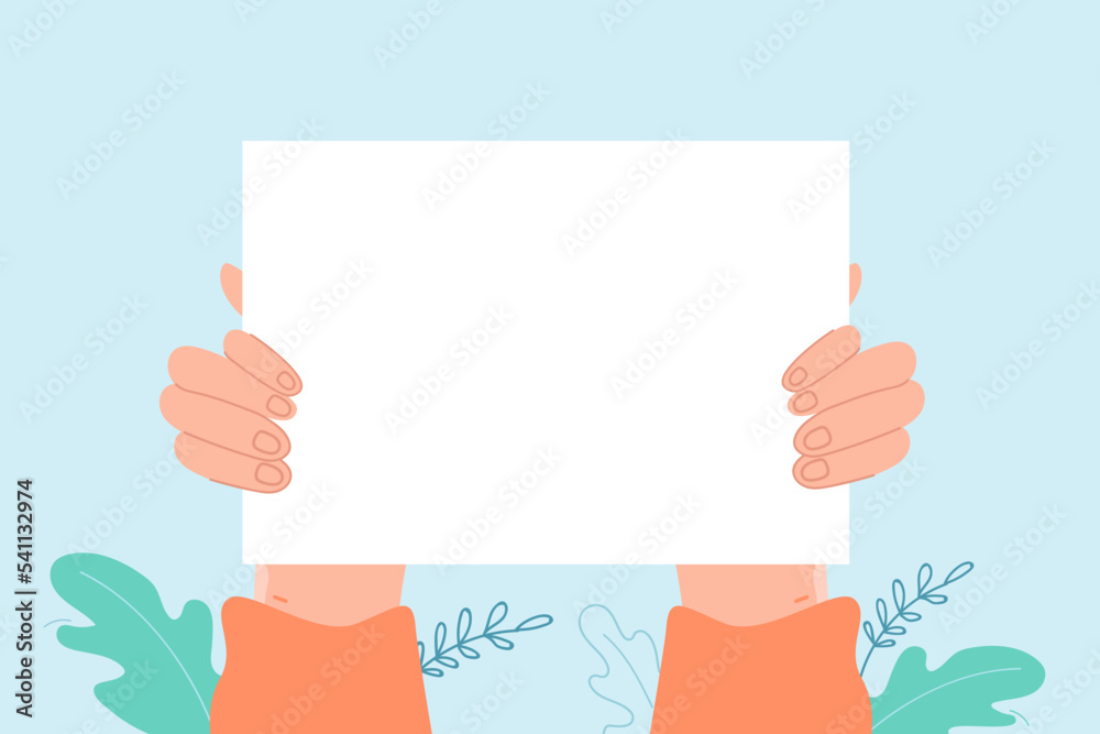 Blank placard in hands flat vector illustration. Hands holding empty ...