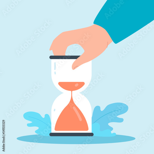 Hand holding hourglass timer with falling sand. Person counting minutes and hours to deadline flat vector illustration. Countdown, time control concept for banner, website design or landing web page