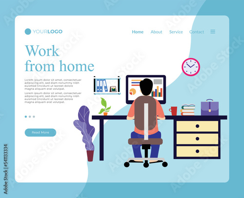 man working at home. work from home. freelancer man working at computer from his home offfice. landing page for website. home page layout
