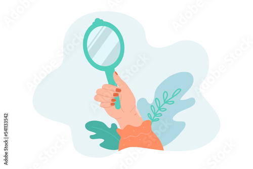Hand holding small mirror in hands. Woman taking care of herself, admiring yourself flat vector illustration. Cosmetology, femininity, hygiene, treatment concept