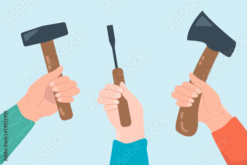 Hands holding axe, hammer and screwdriver. People holding building and repair tools on blue background flat vector illustration. Equipment, occupation, profession, instrument concept