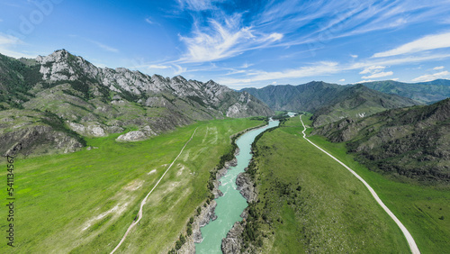 Landscape of mountains and rivers in summer. Aerial view