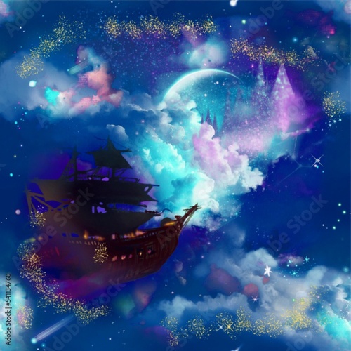 ヨーロッパのファンタジーの様なお城のシルエットと月明かりの輝く夜空に漂う海賊船のスクエアサイズシームレスパターンイラスト