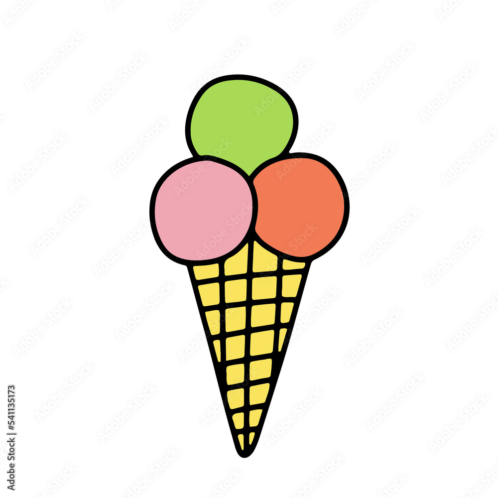 Ice cream balls in waffle cone isolated on white background. Vector doodle illustration in cartoon style Ice cream balls in waffle cone isolated on white background. Vector doodle illustration in cartoon style