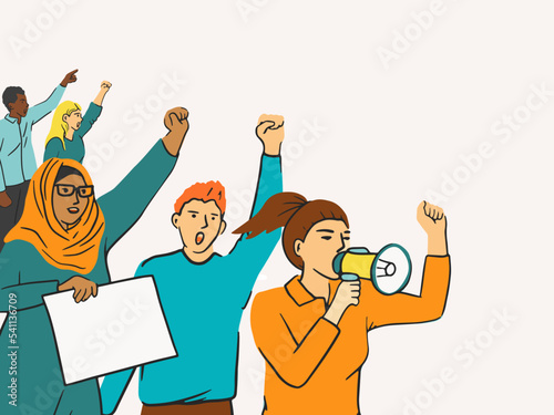 Crowd of diverse people on political meeting. Angry man and woman protest hold megaphone and posters. Protesting aggressive person at demonstration, parade or rally. Vector flat illustration