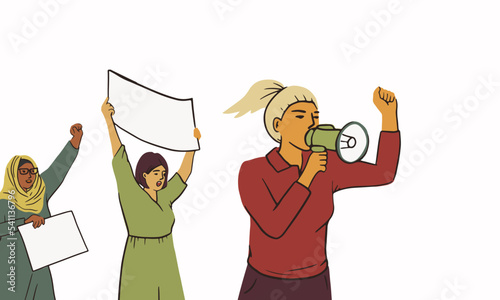 Crowd of diverse people on political meeting. Angry man and woman protest hold megaphone and posters. Protesting aggressive person at demonstration, parade or rally. Vector flat illustration