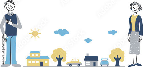 シニア夫婦と町の風景