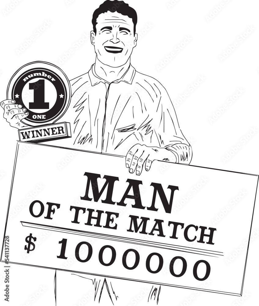 Cricket match player holding man of the match trophy and winner cheque