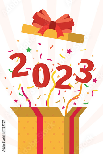 Happy 2023 year. Open give box with confetti, stars and red numbers. New year and xmas celebration, boxing day. Holidays with gifts, discounts. Greeting card. Vertical poster template for print photo