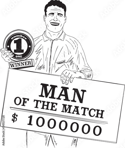 Cricket match player holding man of the match trophy and winner cheque, Winner sportsman holding winner trophy and prize money cheque outline vector illustration, winner cricketer sketch drawing