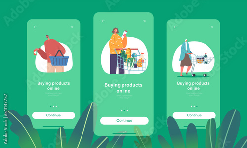 Buying Products Online Mobile App Page Onboard Screen Template. People Visiting Supermarket Cartoon Vector Illustration