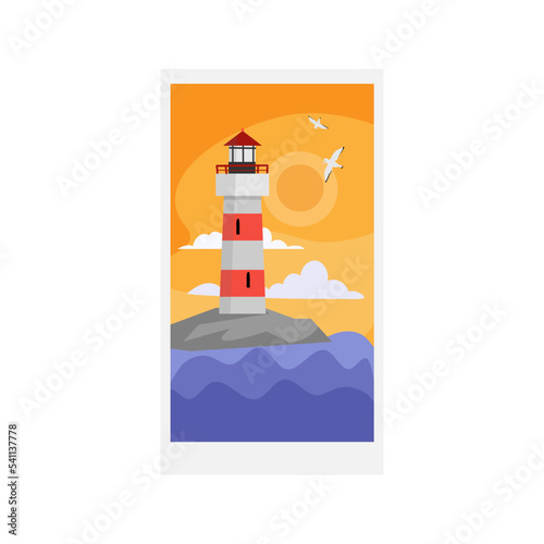 lighthouse with yellow sky and seagulls