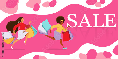 
shopping running girls banner on the pink backround