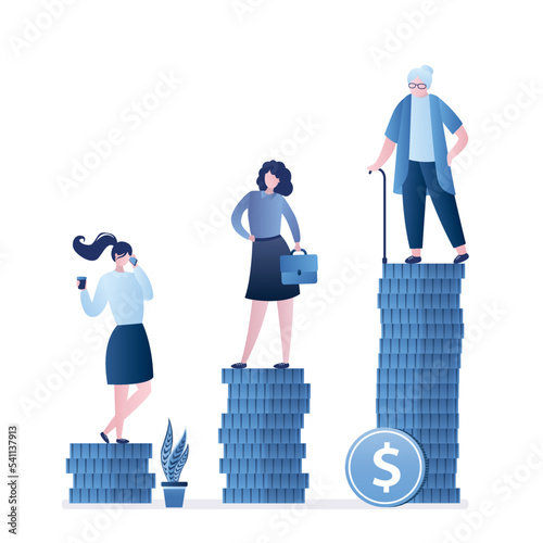 Retirement money plan and savings growth. Pension fund, investments concept. Old and young women stand on stacks of dollar coins. Career ladder. Various female characters.