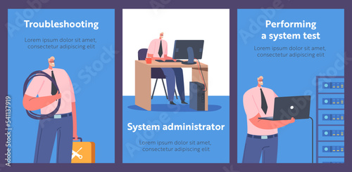 Man Sysadmin or Coder at Work on Computer in Office. Male Character Working With Big Data and Technical Information