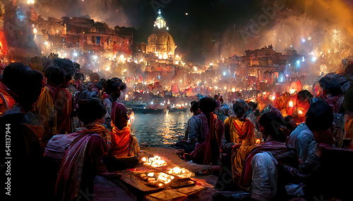 AI generated image of Deepavali or Diwali celebrations at Varanasi and Ayodhya in India, by lighting thousands of earthen lamps for Deepotsava at the river edge 