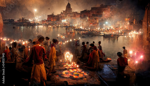 AI generated image of Deepavali or Diwali celebrations at Varanasi and Ayodhya in India, by lighting thousands of earthen lamps for Deepotsava at the river edge 