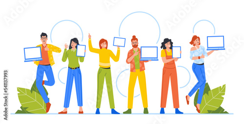 Happy People Provide Presentation Of Goods Or Services Pointing To Tablet or Laptop Screens with Advertising