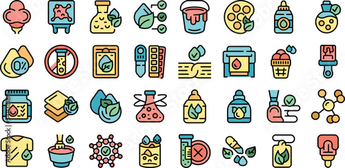 Natural dyes icons set outline vector. Tie ideas. Spiral batik thin line color flat on white