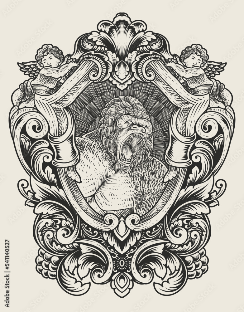 illustration vintage gorilla with engraving style