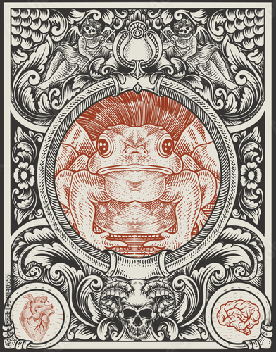 illustration vintage frog with engraving style