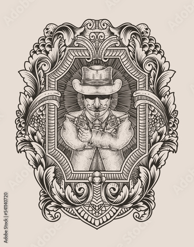 illustration mafia gangster with engraving style
