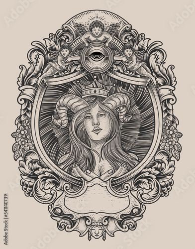 illustration demon girl with engraving style