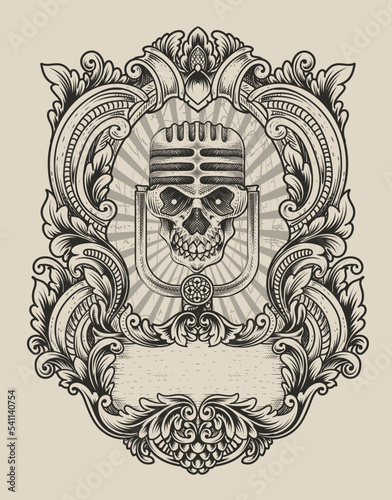 illustration antique skull microphone with engraving style