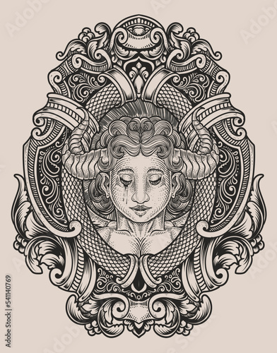 illustration demonic angel with engraving style